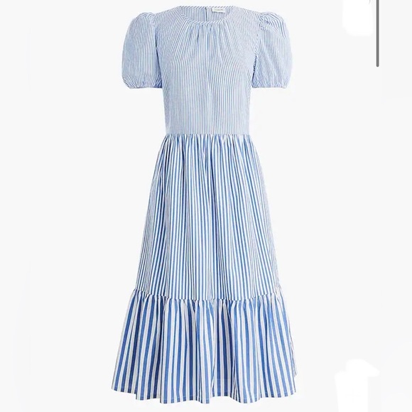NWT J. Crew Pinstripe Cotton Blend Poplin Puff Sleeve Midi Dress - Picture 1 of 13